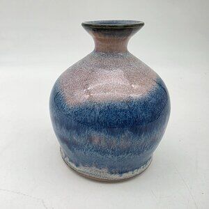 Handmade Blue & Pink Drip Glaze Ceramic Vase Signed Olson 6.5” Tall